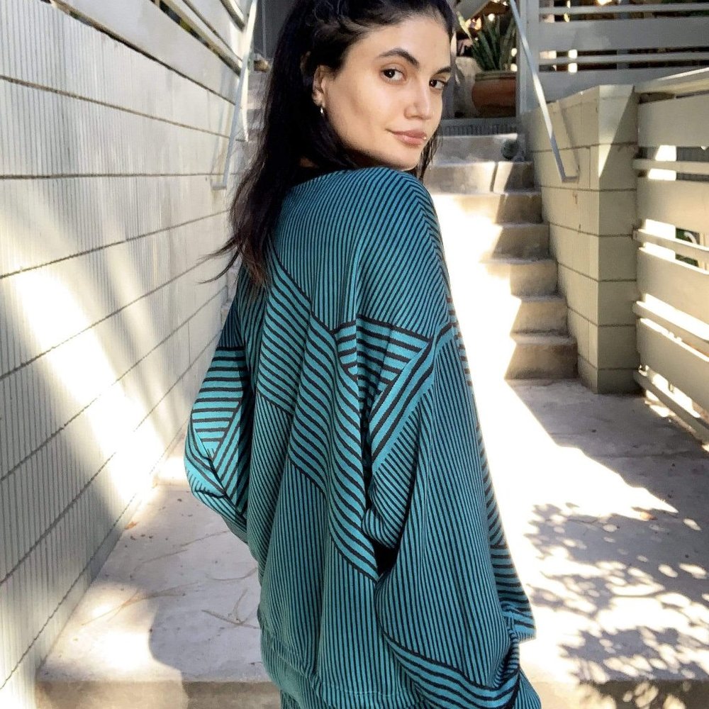 Eva Franco Lounge Knit Sweatshirt Teal and Black Oversized Striped - Picture 4 of 6